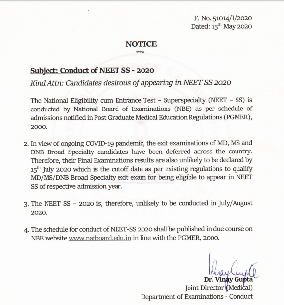 NEET SS 2020 Notice