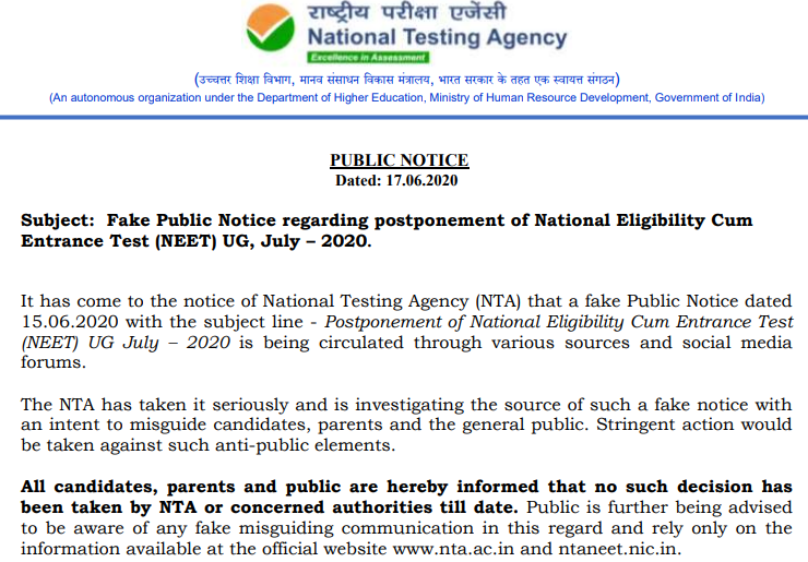 Fake NTA Notice On NEET 2020 Postponement