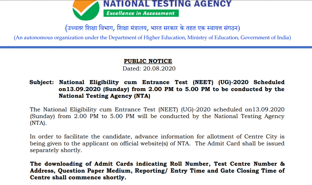 NTA public notice regarding NEET exam